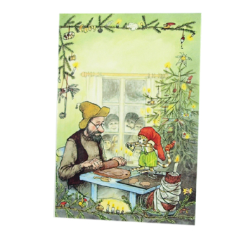 Julkort Pettson och Findus dubbelt med kuvert Pettson och Findus 9,5x6,5 cm