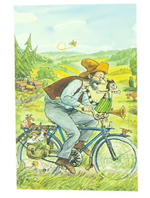 Gratulationskort dubbelt med kuvert Pettson och Findus cyklar 9,5x6,5 cm