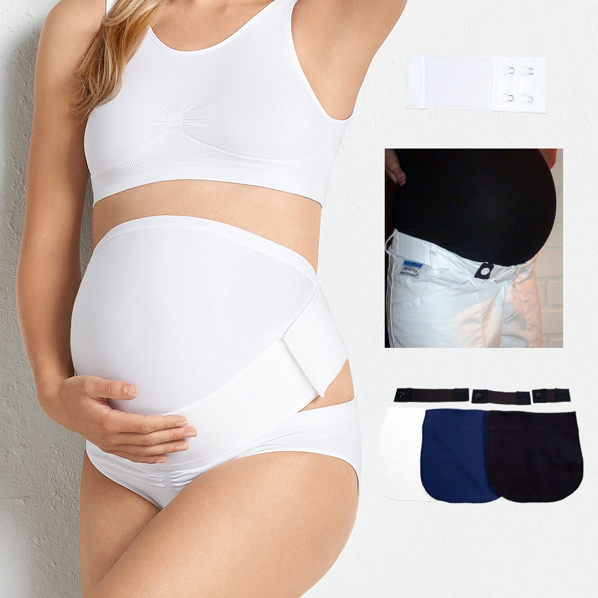 Gravidpaket BabyBelt stödgördel magstöd vit och expander belt midjeförlängare 3 paneler