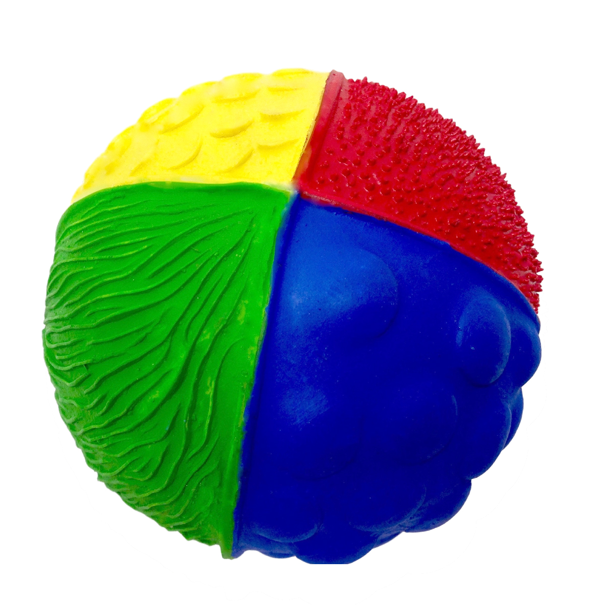 Känselboll av naturgummi glada färger, röd, blå, gul och grön LancoToys