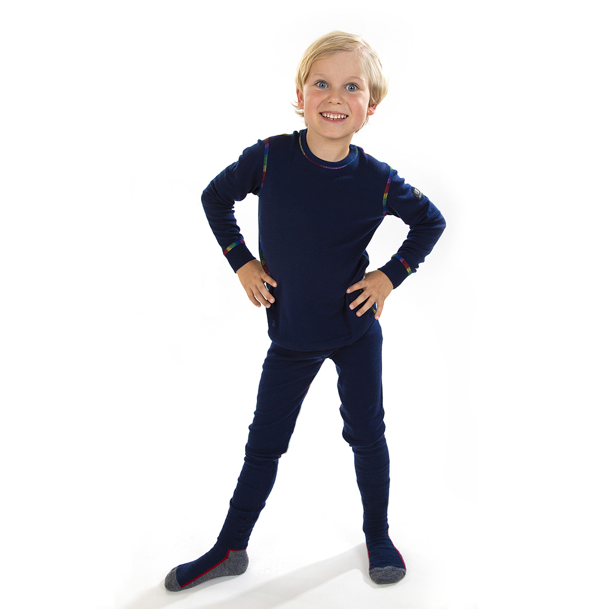 Underställ barn tröja och byxor marinblå 100% merinoull tröjan med regnbågssömmar