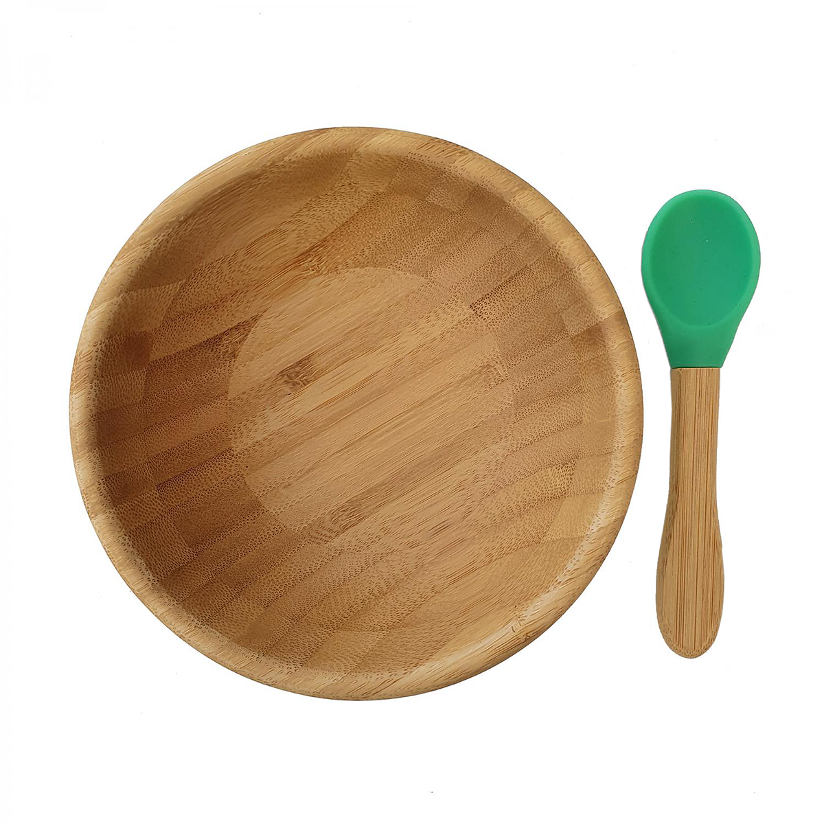 Matset för barn skål tallrik med sugfot av silikon och sked av bambu med ätdel av silikon, träfärgad och grön, Summerville Organic