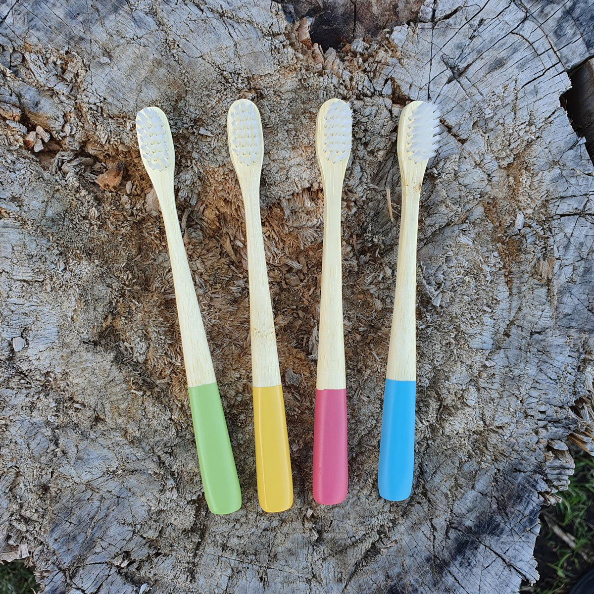 Tandborstar barn 4 pack bambu med nylonborst gul, grön, röd, blå