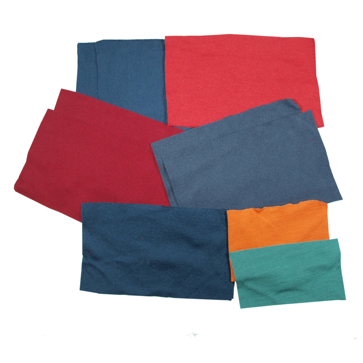 Laglappar av merinoull, olika färger och kvalitéer 12 st rött, blått, grönt, orange mm